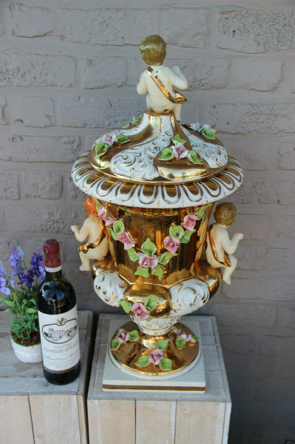 XXL Italian capodimonte porcelain vase Putti angels majolica floral decor lidded
