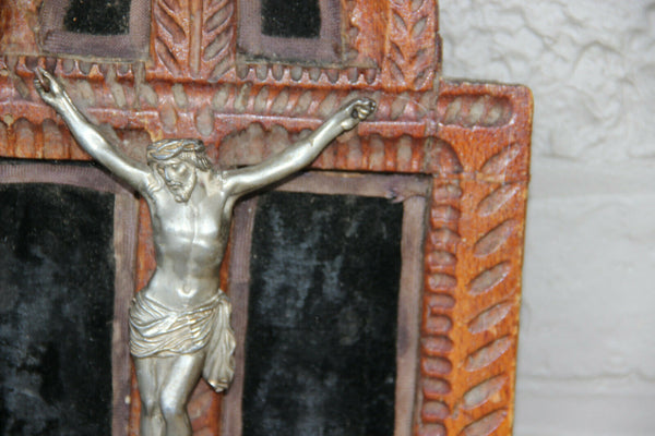 Antique Religious french wood carved crucifix on velvet metal christ