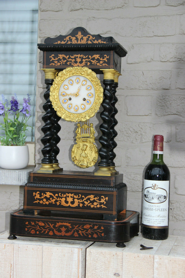 Huge antique wood carved inlaid barley twist column Clock putti angel