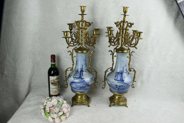 PAIR delft blue white faience Candelabras candle holder mill landscape