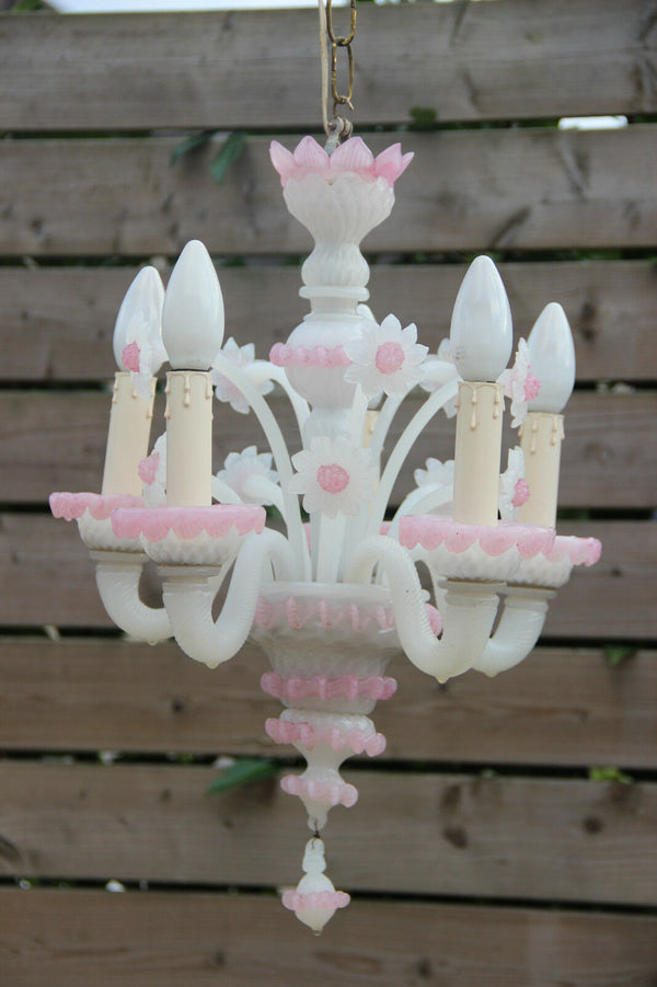 Italian 1970 Pink MURANO hand blown Venetian 5 arms chandelier floral