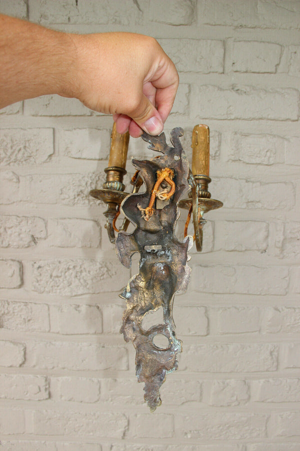 PAIR antique bronze Wall lights sconces putti angel figurines 2 arms