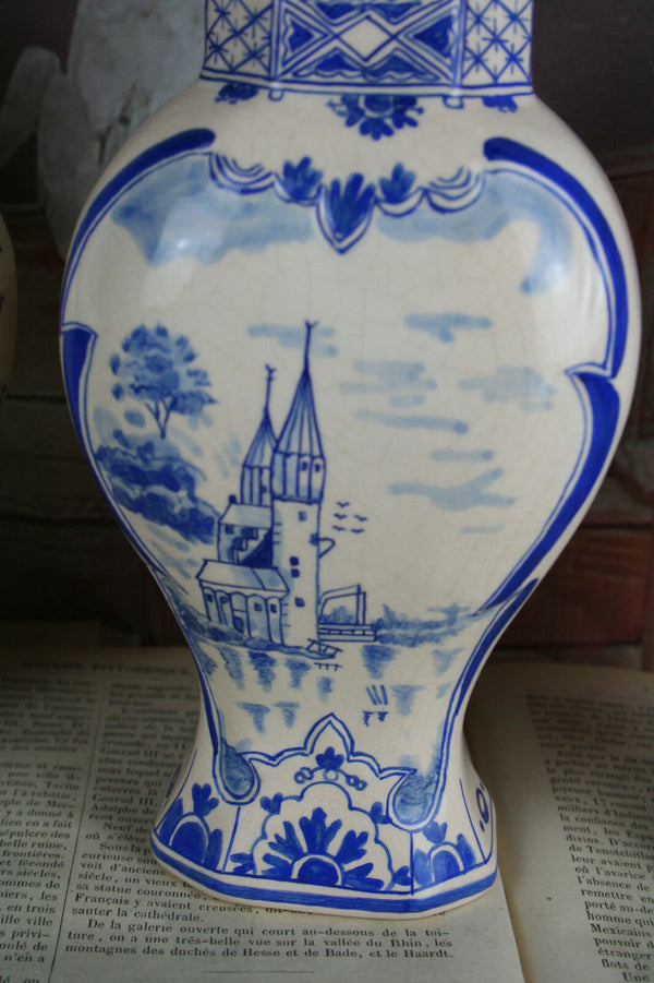Set of 3 Delft blue white pottery vases lidded Landscape scene marked