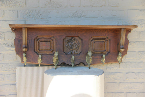 Vintage French wood carved Coat rack brass horse head hooks