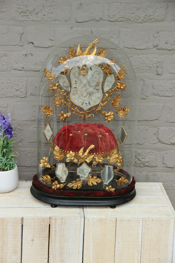 Antique Victorian Bridal wedding dome Globe Glass mirror enamel bird