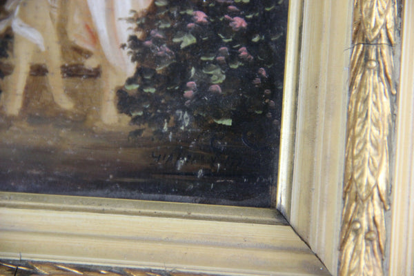 PAIR French romantic putti oil panel painting romantic scene