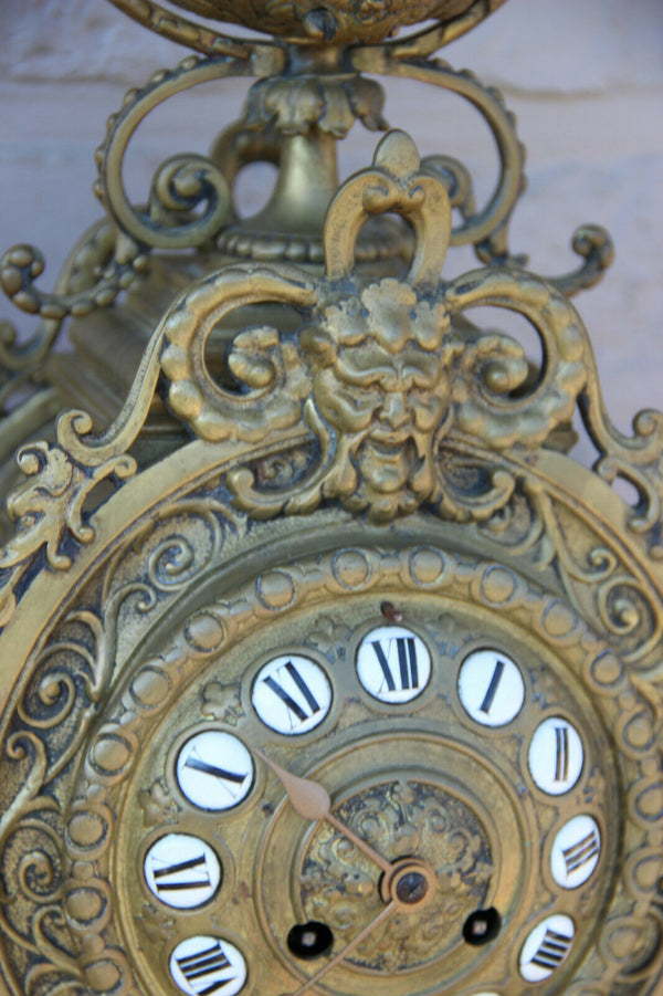 XL Antique French bronze gothic castle dragon devil lion paws putti head clock