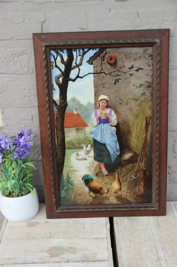 Large antique French Painting on porcelain signed Taillandier 1883 chicken n1