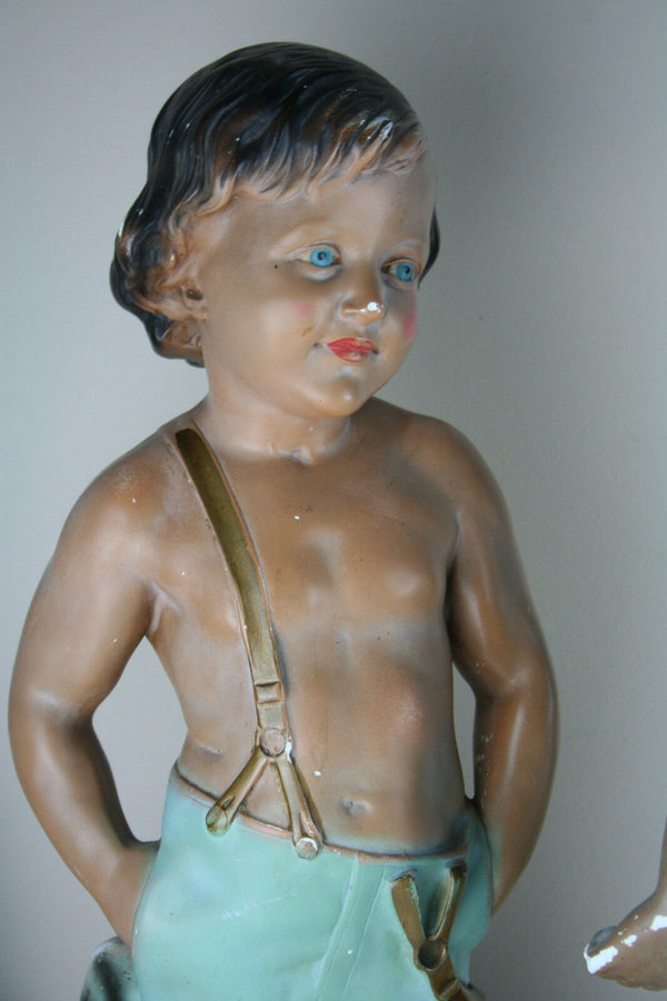 PAIR huge French art nouveau Chalkware polychrome boy & girl figurine statues