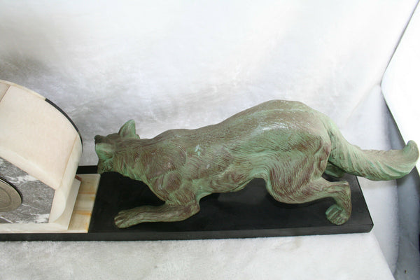 XXL ART DECO 1937 French Fox spelter bronze marked clock marble base rare