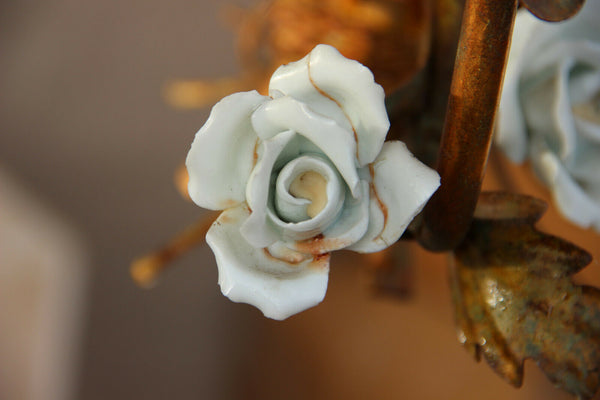 Vintage Metal gold gilt mid century Flower bouquet porcelain roses chandelier