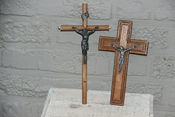 PAIR antique french religious wood carved crucifix