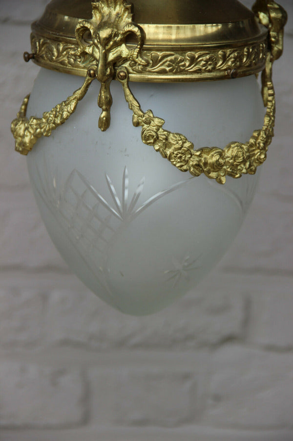 Antique French hall lantern chandelier Eagle ram heads crystal glass shade