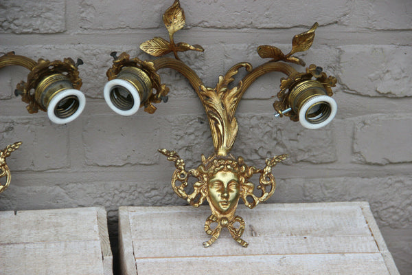 PAIR vintage French brass Caryatid Medusa portrait head wall lights sconces