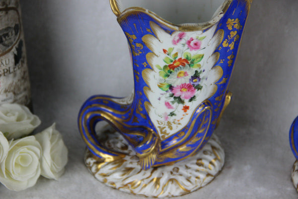PAIR jacob petit marked Cornucopia horn Vases vieux paris porcelain hand paint