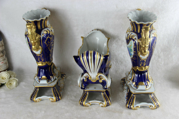 XL French Vases Centerpiece set in Sevres porcelain Floral decor marked 1950's