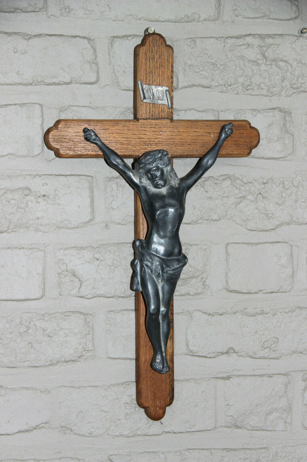 antique french religious metal and wood crucifix