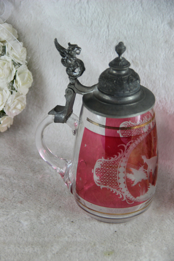 Vintage German crystal glass Etched Bird beer jug mug Dragon gothic figurine
