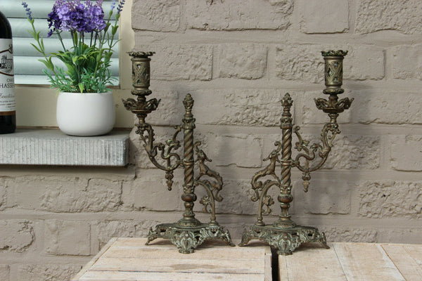 PAIR antique French bronze castle dragon rare candle holder neo gothic
