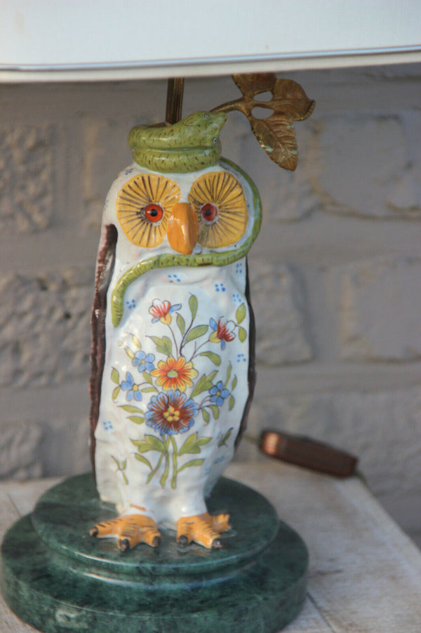 PAIR french hollywood regency rouen Ceramic polychrome owl Figurine table lamps