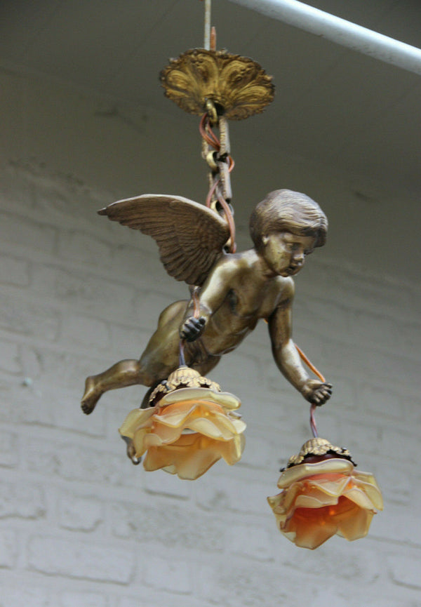 Superb antique parisian heavy bronze putti angel pendant lantern chandelier