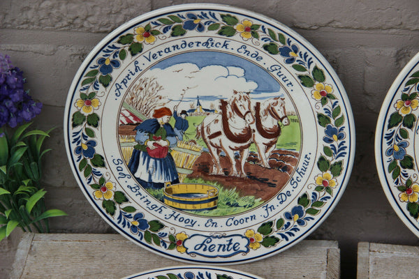 Vintage Delft Goedewagen marked 4 season pottery polychrome plates
