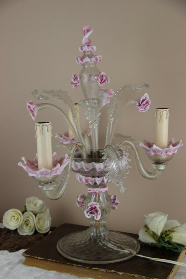 Rare Murano Venetian italian hand blown Girandole Lamp 3 arms pink clear glass
