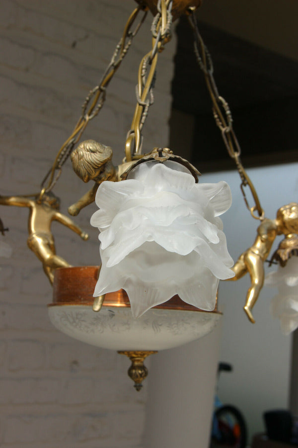 French Mathieu signed bronze glass 3 putti angels chandelier pendant