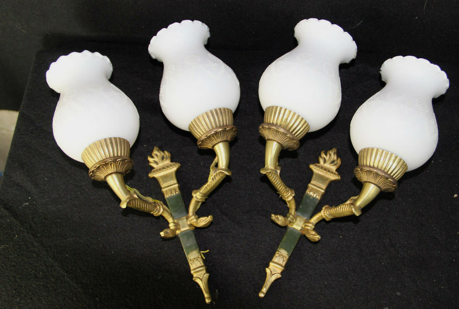 PAIR French Empire white louis XV glass shades Bronze swan wall lights sconces