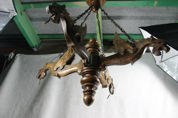 Vintage French Castle gothic 4 Dragon arms Wood carved chandelier pendant