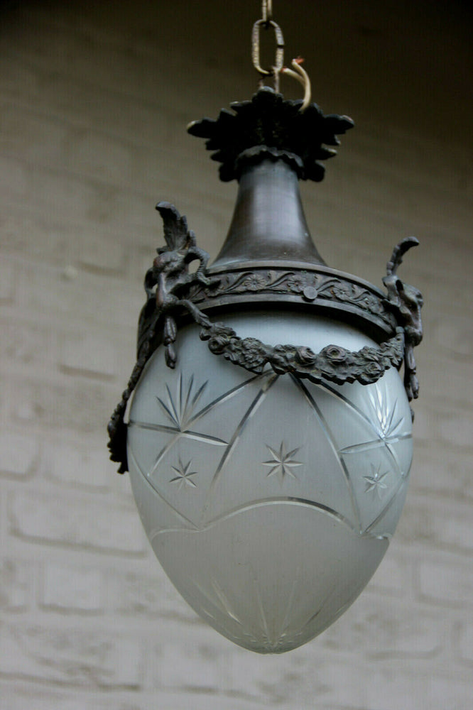 Antique French bronze Chandelier lantern glass crystal acorn shade ram heads