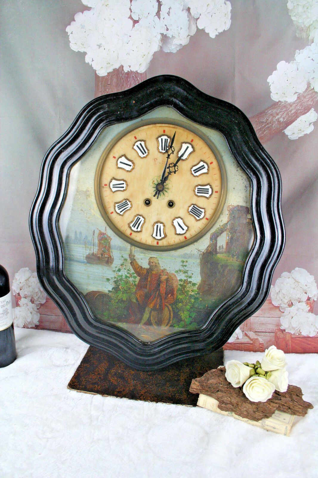 French ' Oeil de boeuf' wall clock 1880 oil on copper marine painting rare