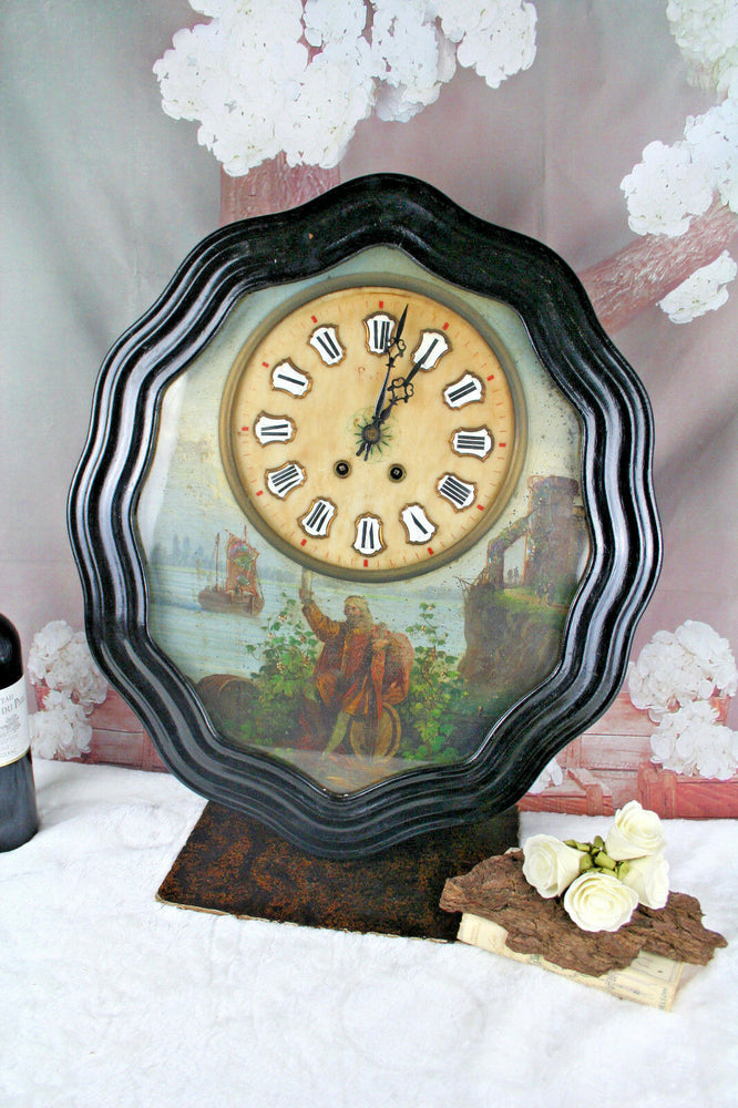 French ' Oeil de boeuf' wall clock 1880 oil on copper marine painting rare
