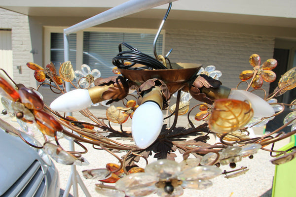 French Mid-Century Cut Amber Crystal Floral Pendant Chandelier Maison Baguès