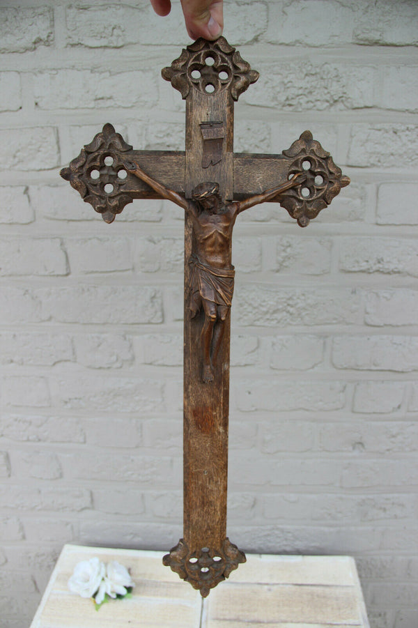 Antique French Neo gothic wood carved wall crucifix cross Religious