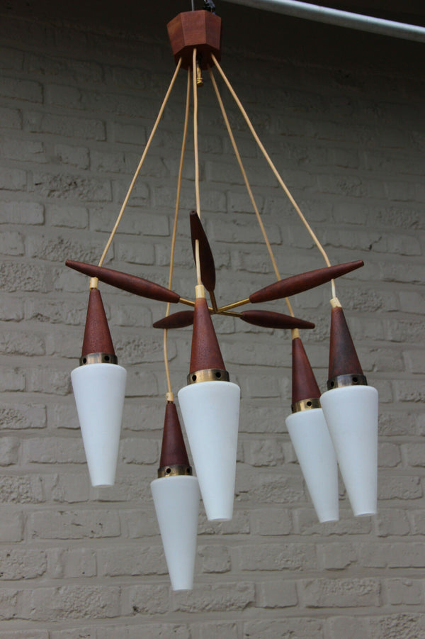 Mid century Retro Scandinavian teak wood glass pendant chandelier Louis Kalff