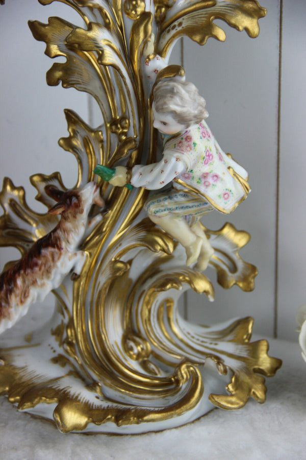 Rare French PAIR antique 19th c vieux paris porcelain Vases Sheperd figurines