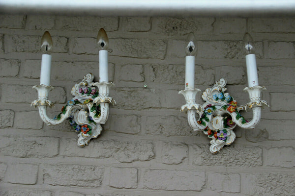 PAIR antique German Dresden porcelain marked majolica flowers wall sconces light