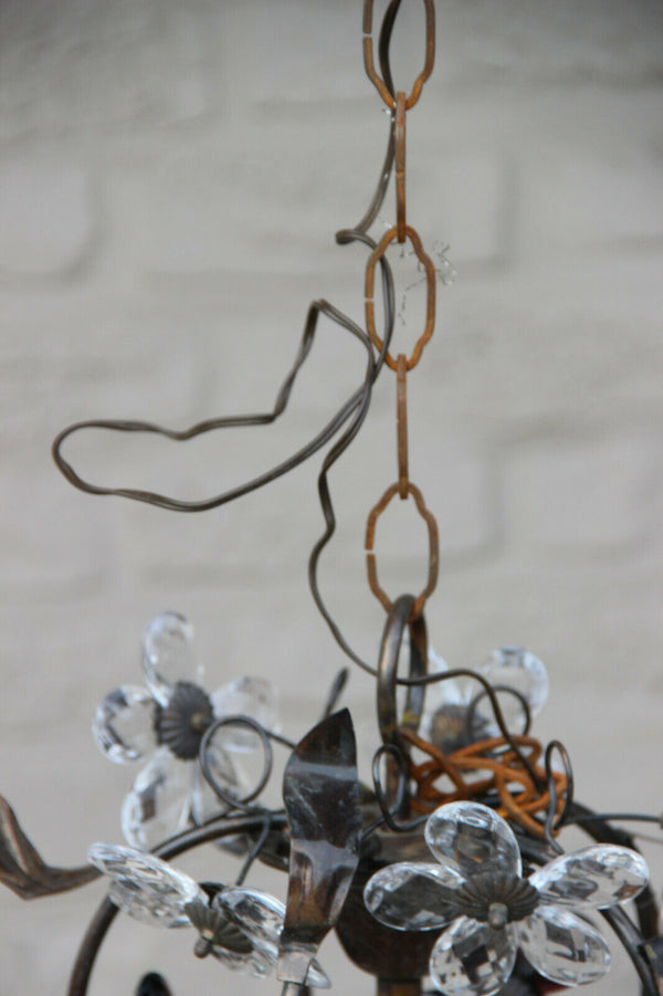 Vintage French metal Glass daisy flower Chandelier lamp attr MAISON BAGUES 1970