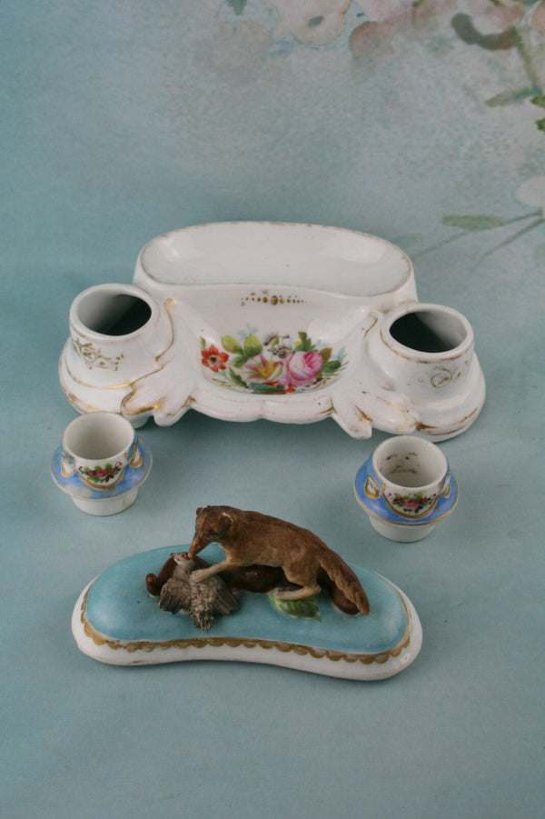 Antique French vieux Paris Porcelain Inkwell fox hunting pheasant 19th c