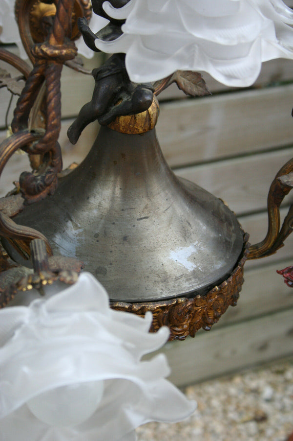 Antique French Empire style Bronze Brass tole putti angel Chandelier porcelain
