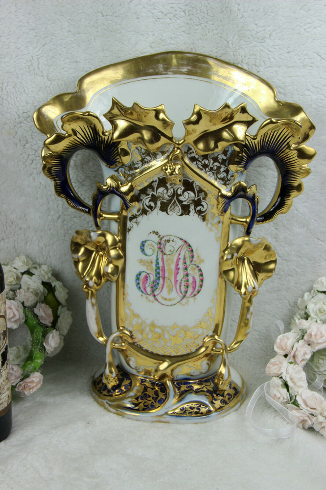 XL antique French vieux paris monogram Porcelain Vase