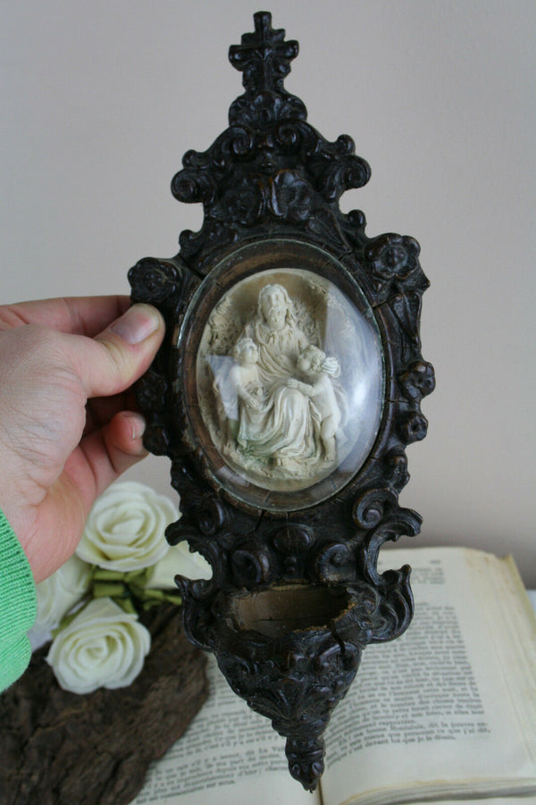 Antique napoleon III wood carved Meerschaum holy water font 1880 christ