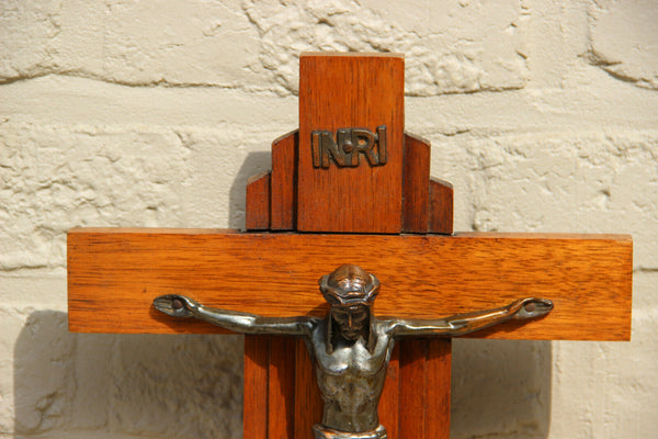 Antique ART DECO crucifix candlestick religious set wood metal
