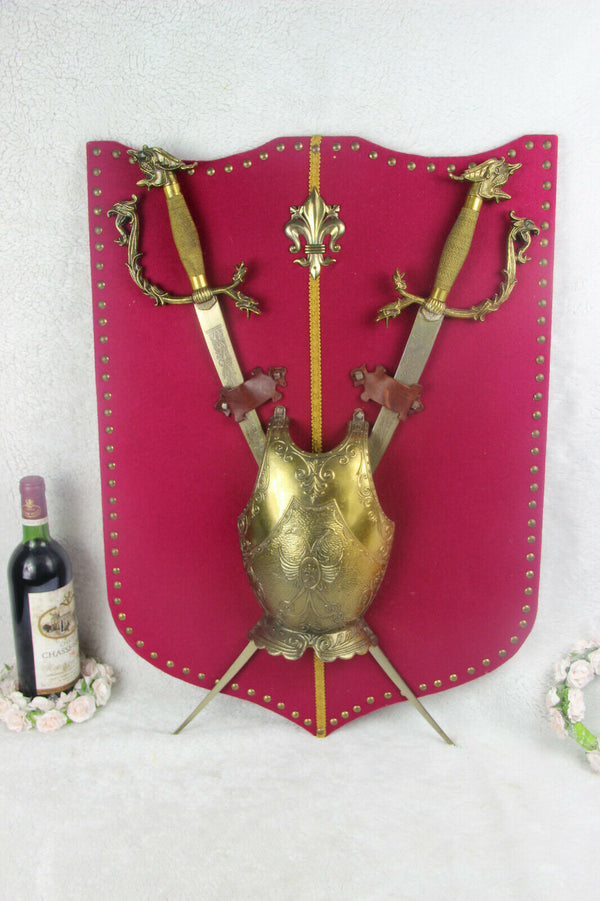 Vintage French fleur de lys dragon gothic armor shield wall red velvet 1970