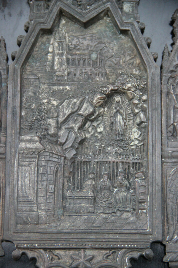 Large Antique neo gothic religious holy water font saints madonna on wood plaque