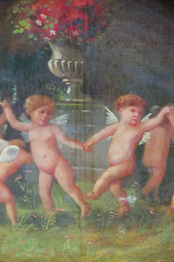Antique French school oil canvas painting 19thc oval putti cherubs
