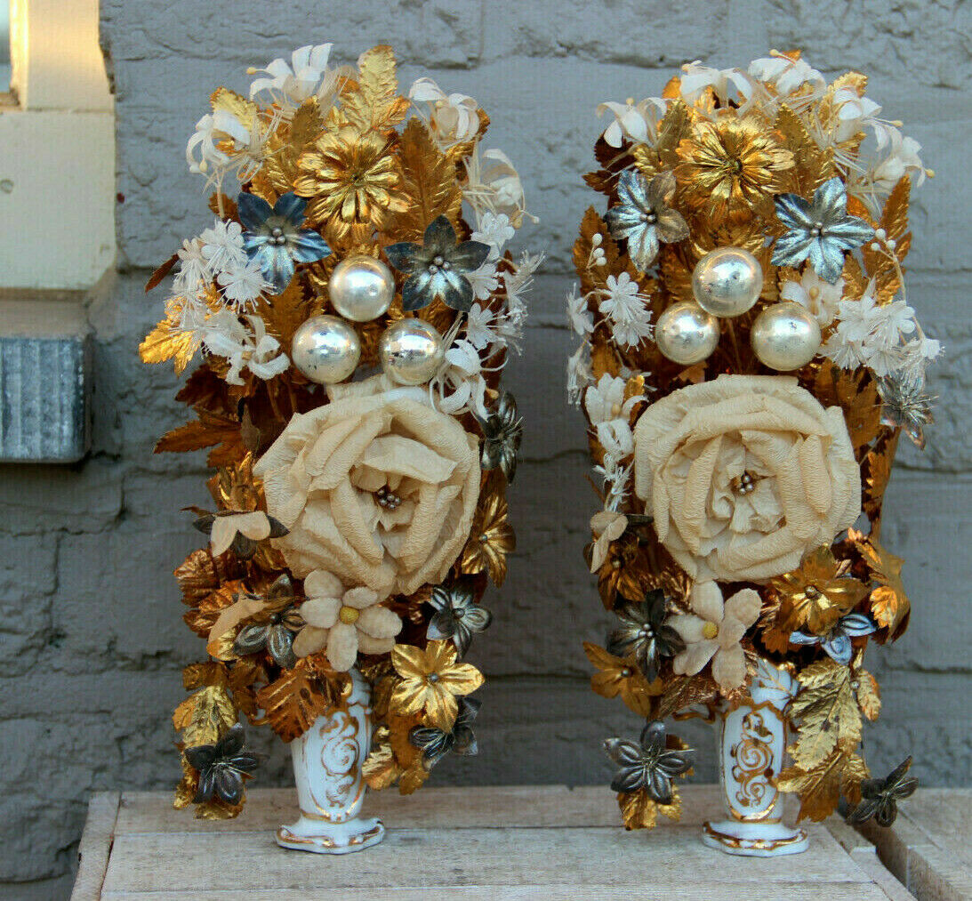 PAIR antique vieux paris religious porcelain Vase with silk floral boucquet