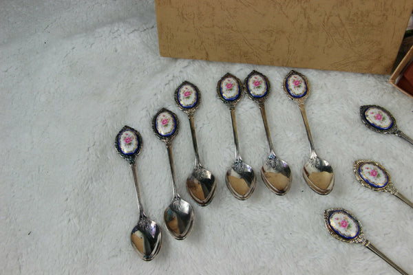 Vintage Cake pie tableware with sevres porcelain plaques spoons fork boxed