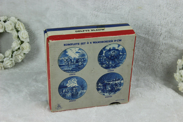 Set 4 DELFT blue white pottery 4 seasons plates wall hanging original box